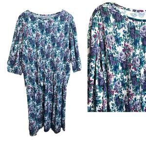 Cue Fashions Dress Women's Size 24W Purple Floral Broom Fold Vintage 3/4 Sleeve
